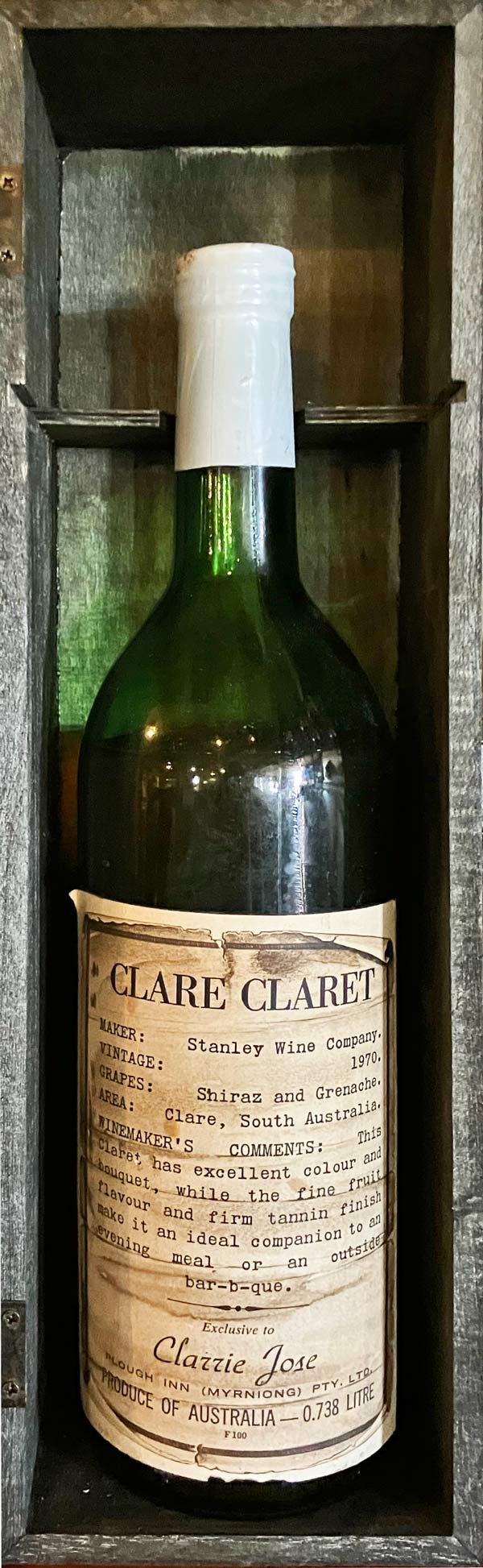 An old bottle of Claret from 1972 at The Plough